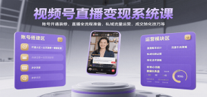 视频号直播变现系统课,账号开通装修、直播全流程准备、私域流量运营、成交转化技巧等-聊项目