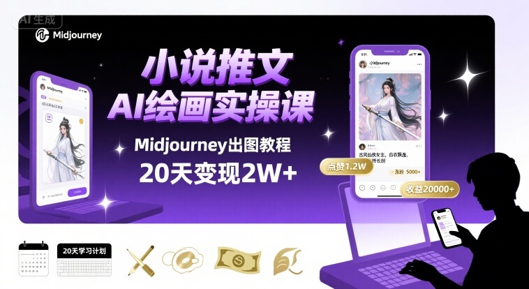 小说推文干货分享之AI绘画MJ出图实操课，用Midjourney做小说推文，20天挣2w-聊项目