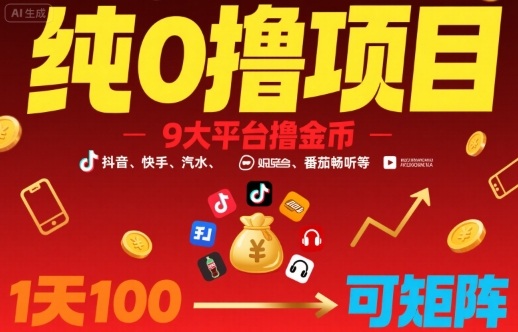 纯0撸项目，9大平台撸金币，抖音，快手，汽水，番茄畅听等，1天100，可矩阵-聊项目