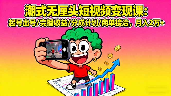 潮式无厘头短视频变现课：起号出号/完播收益/分成计划/商单接洽，月入2万+-聊项目