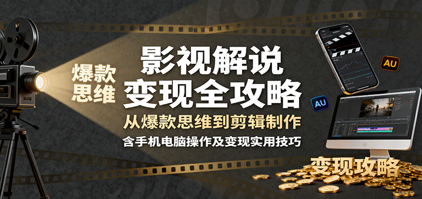 影视解说变现全攻略：从爆款思维到剪辑制作，含手机电脑操作及变现实用技巧-聊项目