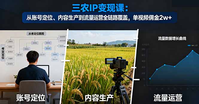 三农IP变现课：从账号定位、内容生产到流量运营全链路覆盖，单视频佣金2w+-聊项目