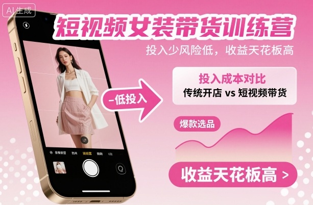 短视频女装带货训练营，投入少风险低，收益天花板高-聊项目