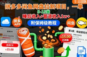 拼多多闲鱼网盘拉新项目,一单5-15米,睡后收入+管道收入1w+(附保姆级教程)-聊项目