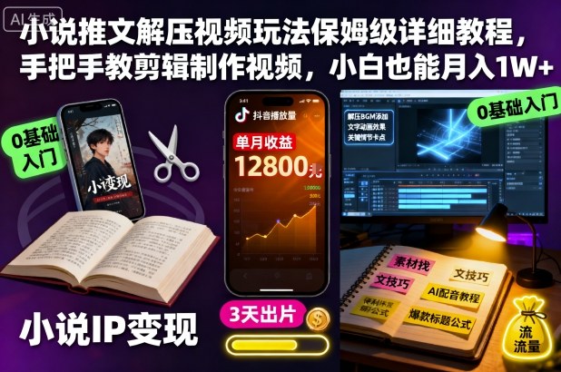 小说推文解压视频玩法保姆级详细教程，手把手教剪辑制作视频，小白也能月入1W+-聊项目