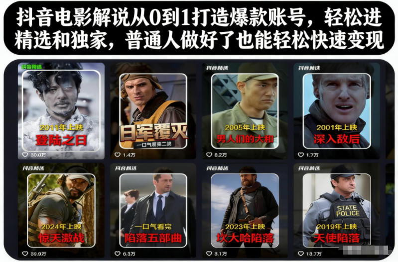 抖音电影解说从0到1打造爆款账号，轻松进精选和独家，普通人做好了也能轻松快速变现-聊项目