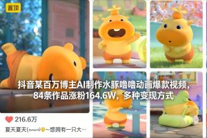 抖音某百万博主AI制作水豚噜噜动画爆款视频,84条作品涨粉164.6W,多种变现方式-聊项目