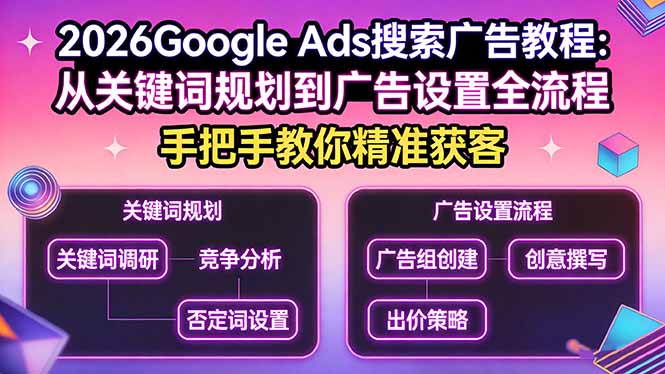2026Google Ads搜索广告教程：从关键词规划到广告设置全流程，手把手教你精准获客-聊项目
