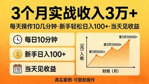 3个月实战收入3万+，每天操作10几分钟，新手轻松日入100+，当天见收益-聊项目