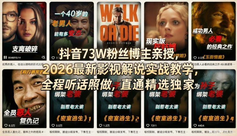 抖音73W粉丝博主亲授，2026最新影视解说实战教学，全程听话照做，直通精选独家-聊项目