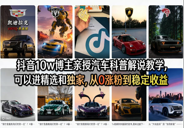 抖音10w博主亲授汽车科普解说教学，可以进精选和独家，从0涨粉到稳定收益(详细视频课程+1T素材)-聊项目
