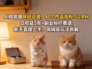 AI赋能猫咪轻动漫，40个作品涨粉152.8W，日收益5张+副业标杆赛道，新手直接上手，保姆级玩法拆解-聊项目
