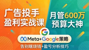 广告投手盈利实战课:月管600万预算大神,带你告别瞎烧钱,Meta+Google策略+盈亏分析-聊项目