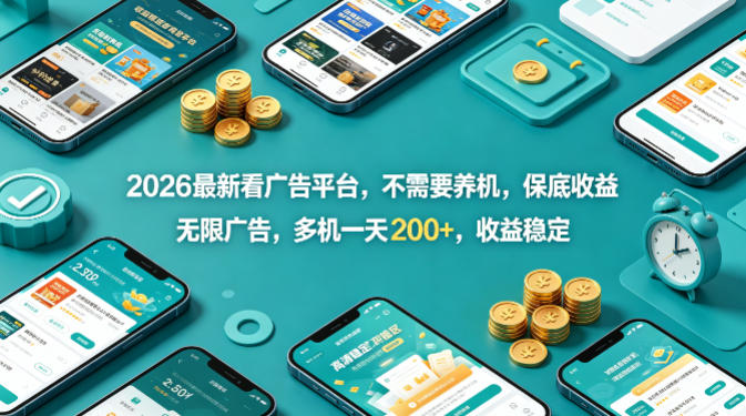 2026最新看广告平台，不需要养机，保底收益，无限广告，多机一天200+，收益稳定【揭秘】-聊项目