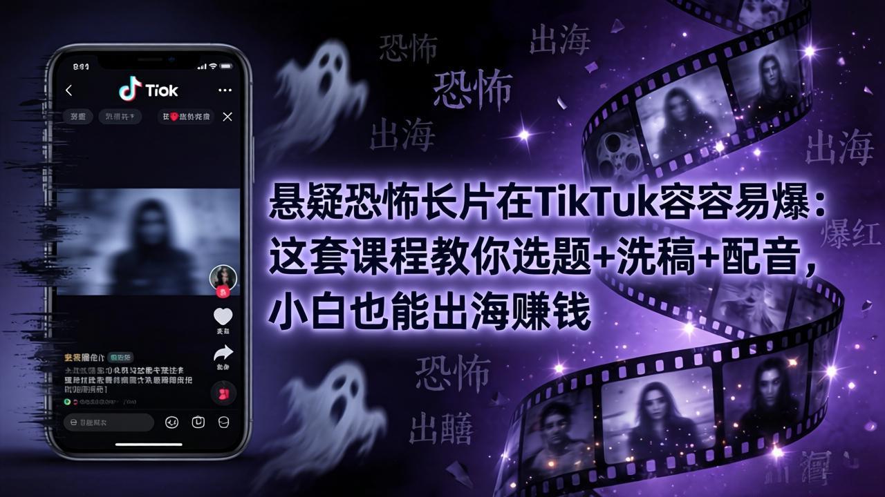 悬疑恐怖长片在TikTok最容易爆：这套课程教你选题+洗稿+配音，小白也能出海赚钱-聊项目