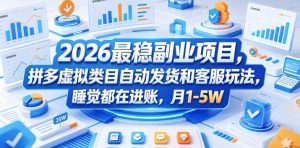 2026最稳副业项目，拼多多虚拟类目自动发货和客服玩法，睡觉都在进账，月1-5W【揭秘】-聊项目