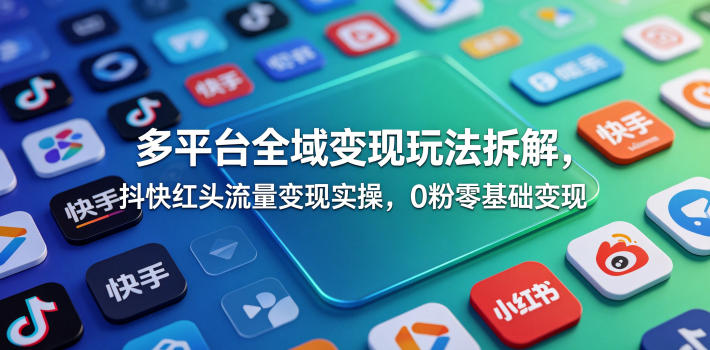 多平台全域变现玩法拆解，抖快红头流量变现实操，0粉零基础变现-聊项目