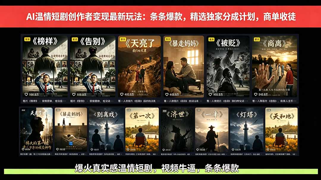 AI温情短剧创作者变现最新玩法：视频牛逼，条条爆款，精选独家分成计划，商单收徒-聊项目